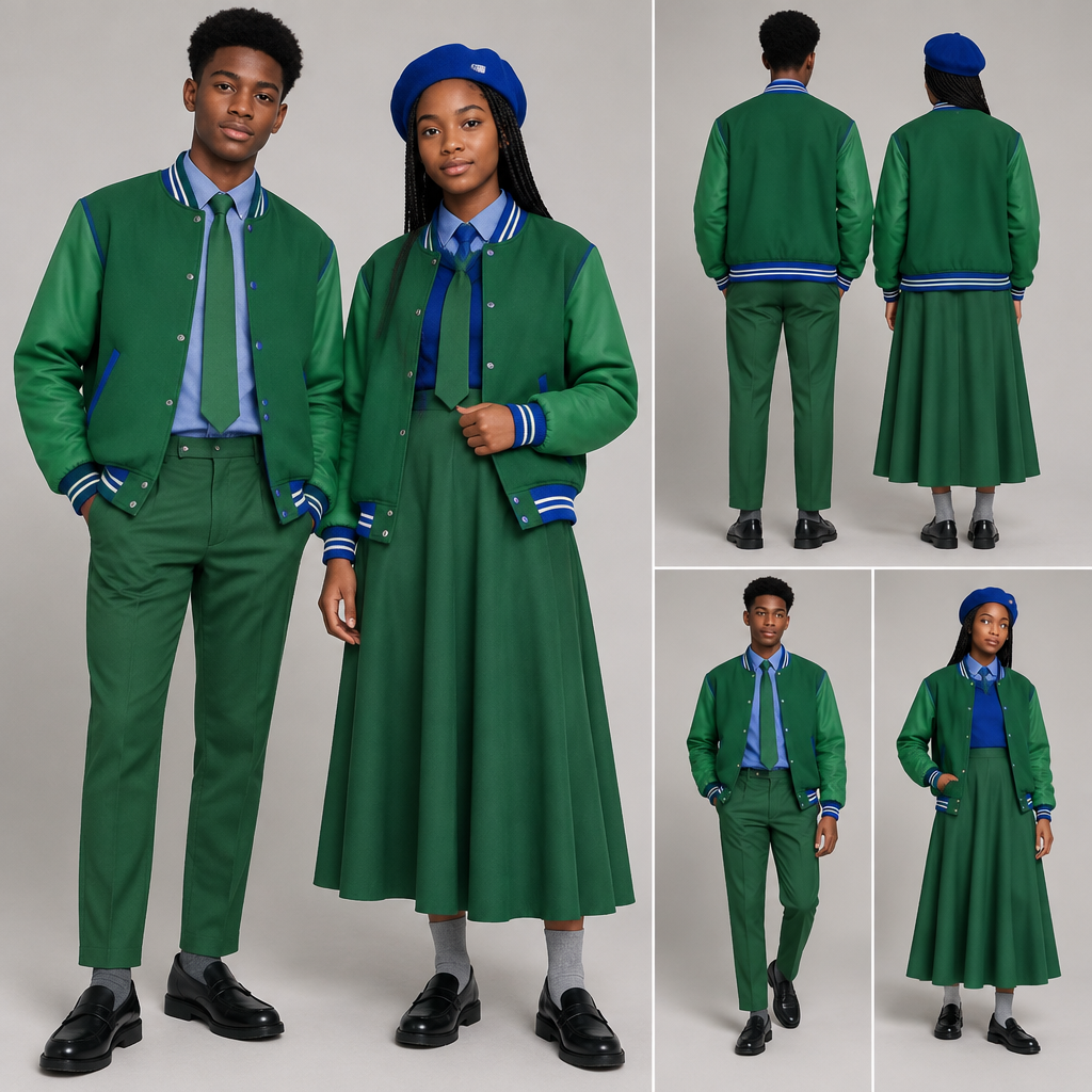 photorealistic fashion design, photorealistic fashion design, photorealistic fashion design, A Male Top design, with modest, full coverage: longer hemlines, higher necklines and covered shoulders, suitable for Spring. Design a green baseball jacket with blue accents. Green arms. For male and female. Use black teenagers as models
A fit flare dress top half blue and bottom half green, covering chest area completely, almost reaching ankles. Blue barrett, green tie and grey socks for the female.
A green relaxed trouser, reaching ankles. A blue shirt, green tie and grey socks for the male.
Nice black school shoes for both. Both must be wearing baseball jacket. Use shamrock green. Use cobalt blue Present it as professional fashion catalogue photography: the garment is the subject, shown full-length with editorial styling, neutral posing and tasteful, non-suggestive framing., just the design no text, show front and back. Refinement: Use normal green , just the design no text. Refinement: normal blue and green , just the design no text. Refinement: green baseball jacket
photorealistic fashion design, photorealistic fashion design, photorealistic fashion design, photorealistic fashion design, A Male Top design, with modest, full coverage: longer hemlines, higher necklines and covered shoulders, suitable for Spring. Design a green baseball jacket with blue accents. Green arms. For male and female. Use black teenagers as models
A fit flare dress top half blue and bottom half green, covering chest area completely, almost reaching ankles. Blue barrett, green tie and grey socks for the female.
A green relaxed trouser, reaching ankles. A blue shirt, green tie and grey socks for the male.
Nice black school shoes for both. Both must be wearing baseball jacket. Use shamrock green. Use cobalt blue Present it as professional fashion catalogue photography: the garment is the subject, shown full-length with editorial styling, neutral posing and tasteful, non-suggestive framing., just the design no text, show front and back. Refinement: Use normal green , just the design no text. Refinement: normal blue and green , just the design no text. Refinement: green baseball jacket , just the design no text