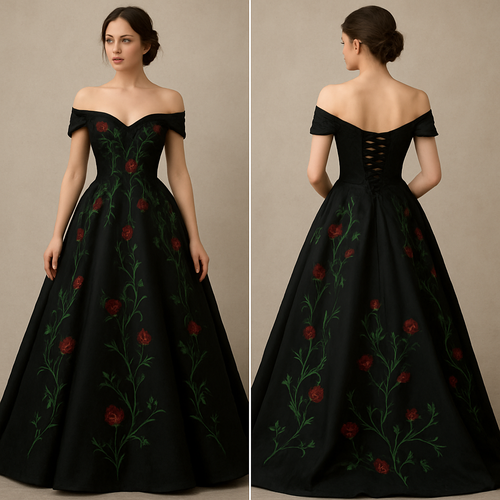 Black wedding dress with embroidered green vines and red roses. Corset back with off the shoulder sleeves.