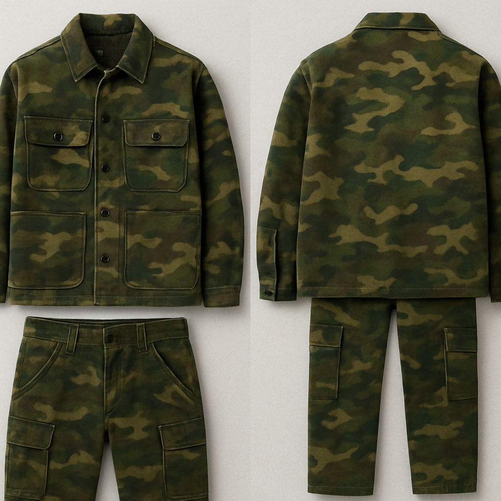 Hunting camo work jacket and pants
Hunting camo work jacket and pants
, streetwear style, show front and back