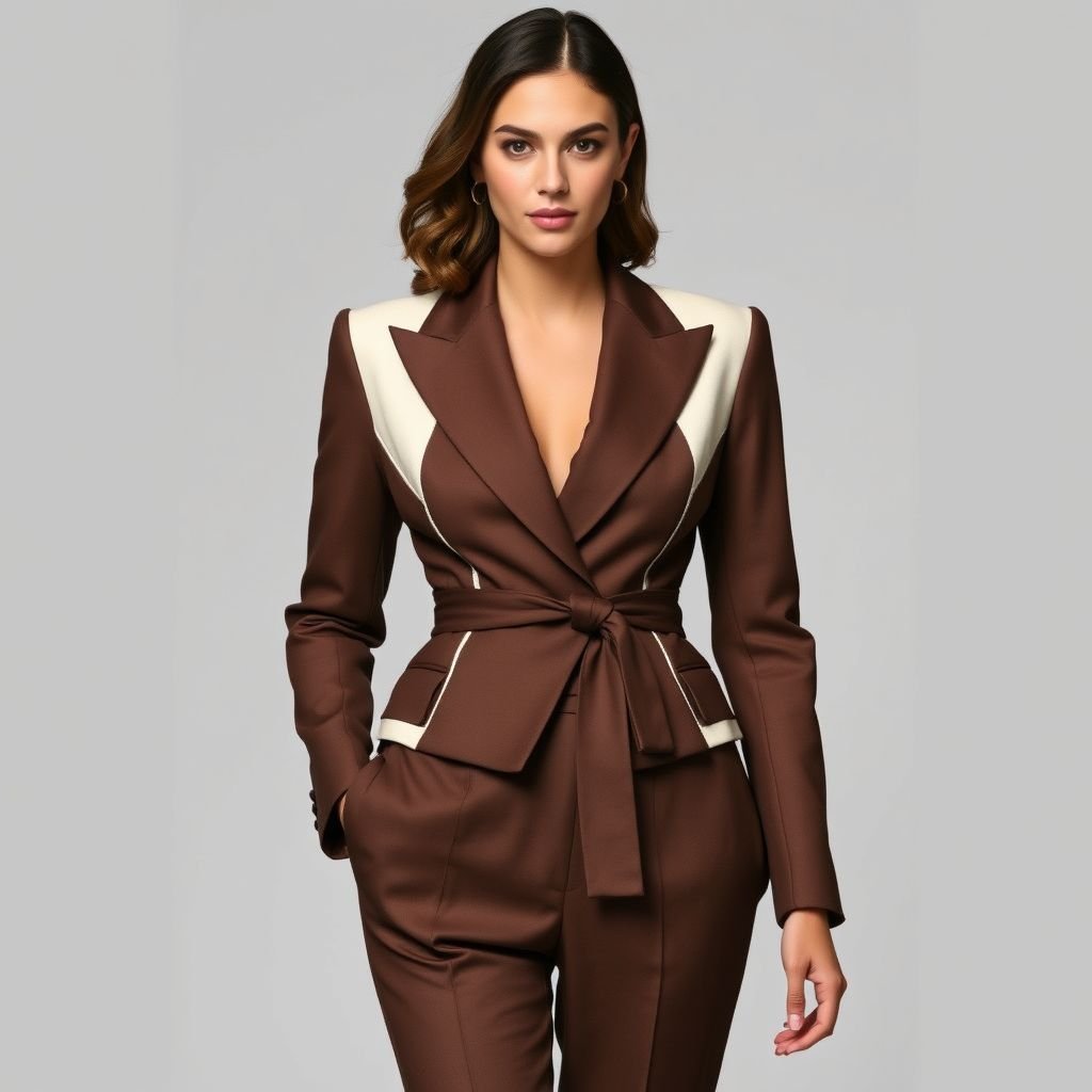 The Orla Blazer • Sculpted shoulders, waist cinch, clean lapel • Colors: Mocha, Cream • Optional matching pants
Introducing the Orla Blazer: a chic fusion of modern sophistication and vintage elegance. Sculpted shoulders create a bold silhouette, while a waist cinch enhances femininity. The clean lapel and luxurious mocha and cream palette evoke timelessness. Pair with optional matching pants for a seamless, polished look that commands attention.