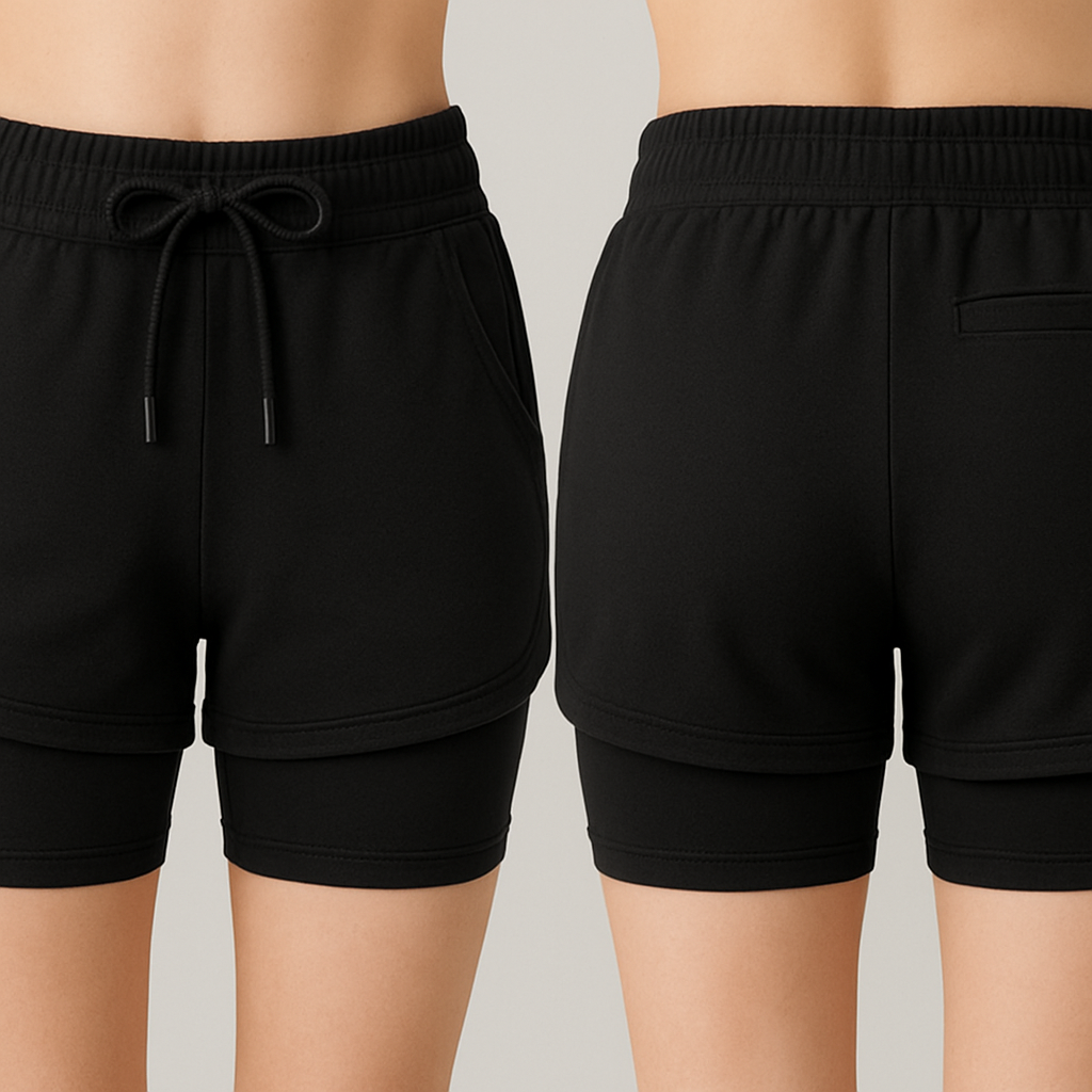 Create me shorts that fit girls with active shorts underneath and draw strings and pockets. Make it black. Show the undershorts and make them active wear fabric
Create me shorts that fit girls with active shorts underneath and draw strings and pockets. Make it black. Show the undershorts and make them active wear fabric
, show front and back