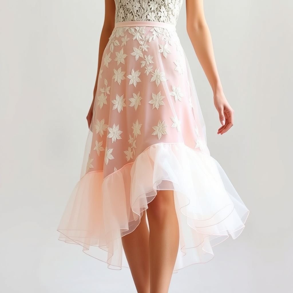 Skirt. midi skirt has a fitted upper section that flares into a gathered flounce, creating volume and movement at the bottom.
Imagine a chic midi skirt featuring a fitted bodice adorned with intricate lace detailing, transitioning seamlessly into a cascading flounce made of airy organza. The fabric shimmers in pastel hues, while an asymmetrical hemline adds a modern edge. Perfect for twirling at garden parties, this skirt exudes elegance and playful sophistication.