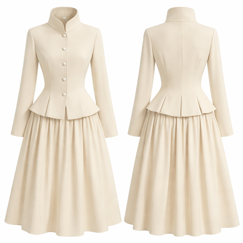 A flare botton down jacket with a bishop collar neck and a straight long sleeve paired with gathered skirt
A flare botton down jacket with a bishop collar neck and a straight long sleeve paired with gathered skirt , show front and back