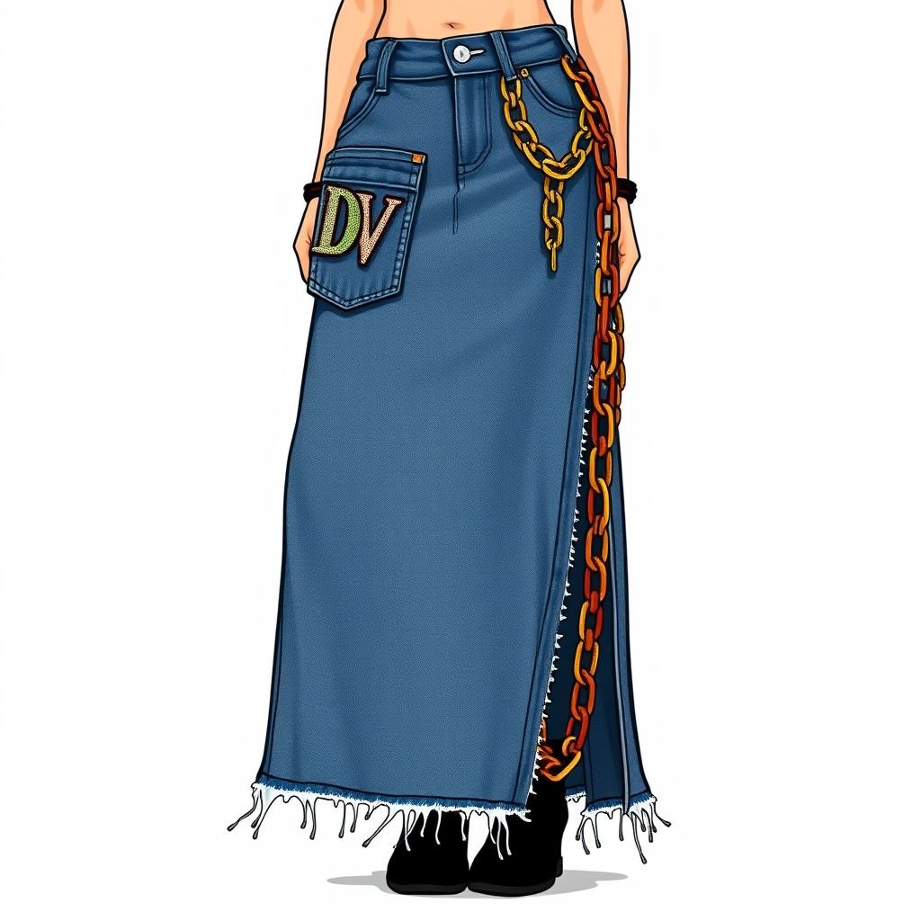 Create a women’s maxi denim skirt with the look of colored chains hanging on side, but “DV” on pocket
Design a women's maxi denim skirt in edgy streetwear style, featuring oversized silhouettes and raw hems. Enhance with colorful chain embellishments cascading down one side for an urban flair. Include a bold “DV” embroidered patch on the front pocket, blending utility and fashion for a standout, street-ready statement piece.