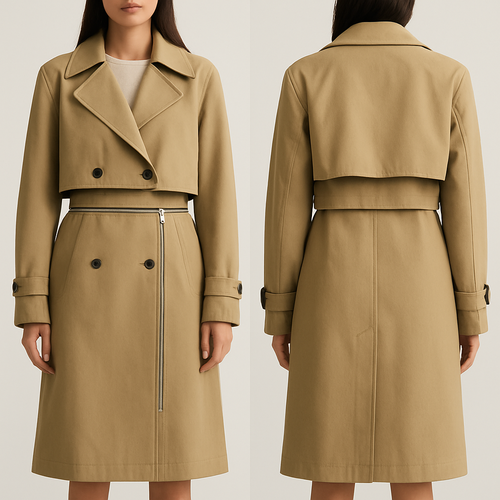Let’s create a convertible trench coat for a woman in a sand/ khaki color. Should have a large zipper at the waist to create a crop or a traditional long version. Please make the proportion a little more boxy and contemporary details