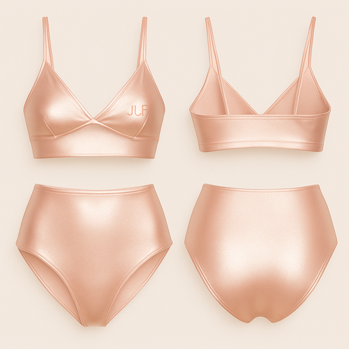 Gloss satin two piece swimsuit with a Molten Gold soft pink color with logo JLF

