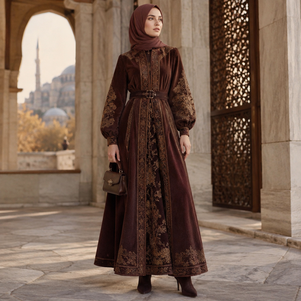 A Female Dress design, suitable for Fall. Consider Turkish fashion — Ottoman-inspired, modest fashion hub, rich textiles, East-meets-West aesthetics. Current season is Autumn in Turkey. Present it as professional fashion catalogue photography: the garment is the subject, shown full-length with editorial styling, neutral posing and tasteful, non-suggestive framing.
photorealistic fashion design, A Female Dress design, suitable for Fall. Consider Turkish fashion — Ottoman-inspired, modest fashion hub, rich textiles, East-meets-West aesthetics. Current season is Autumn in Turkey. Present it as professional fashion catalogue photography: the garment is the subject, shown full-length with editorial styling, neutral posing and tasteful, non-suggestive framing., just the design no text