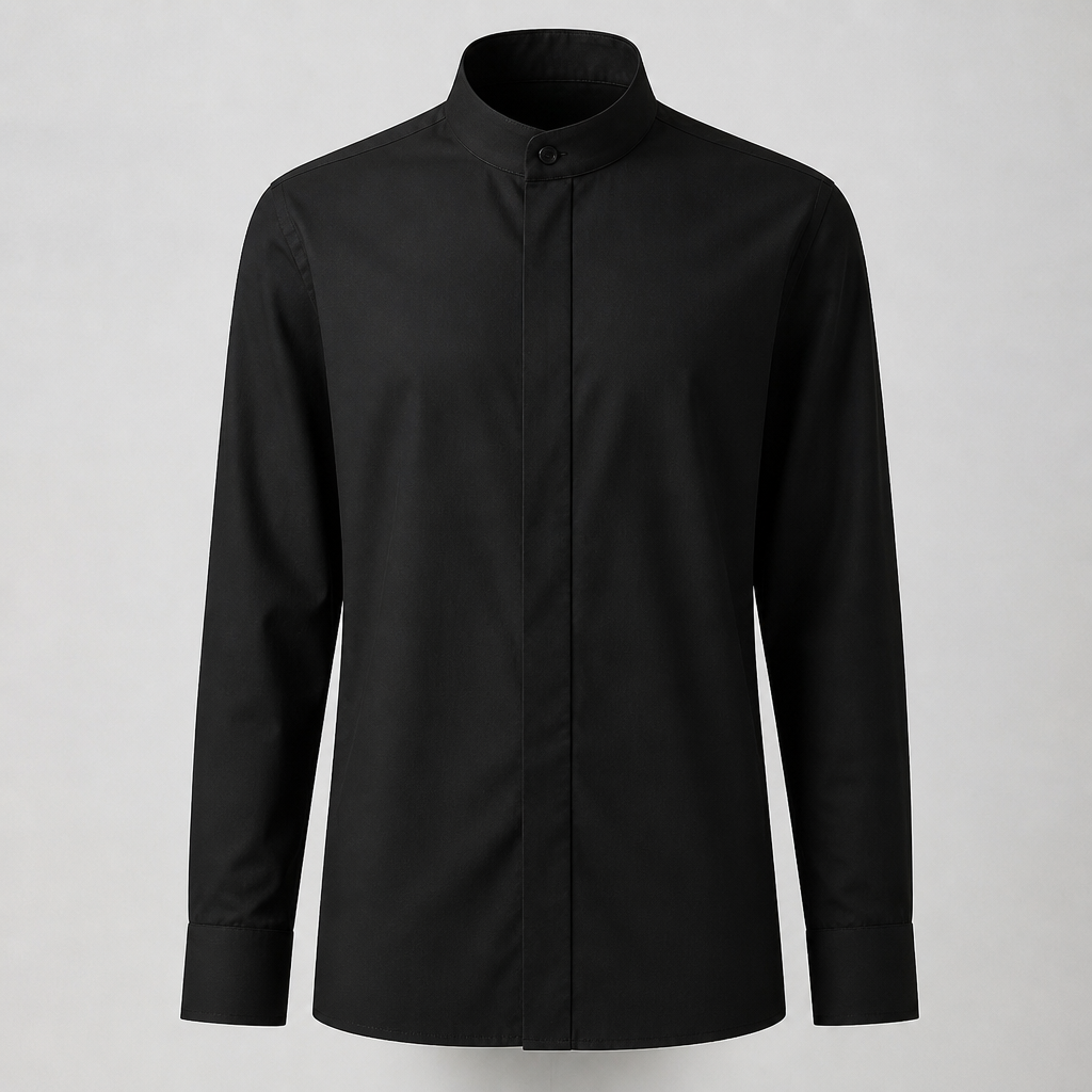 A black formal clerical shirt with detailed Chinese collar and long sleeves. ZW fashion aesthetics.
photorealistic fashion design, A black formal clerical shirt with detailed Chinese collar and long sleeves. ZW fashion aesthetics., just the design no text