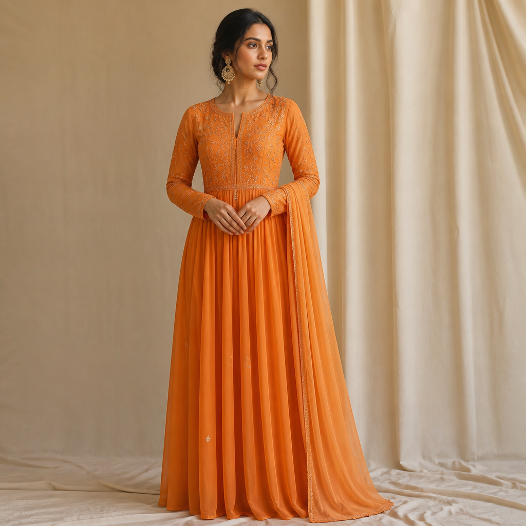 A Female Dress design, suitable for Summer, in Indian style. i a I make a long dresses start with the shoulder to feet and full hand and orange color dress. India fashion aesthetics.
photorealistic fashion design, A Female Dress design, suitable for Summer, in Indian style. i a I make a long dresses start with the shoulder to feet and full hand and orange color dress. India fashion aesthetics., indian style, just the design no text