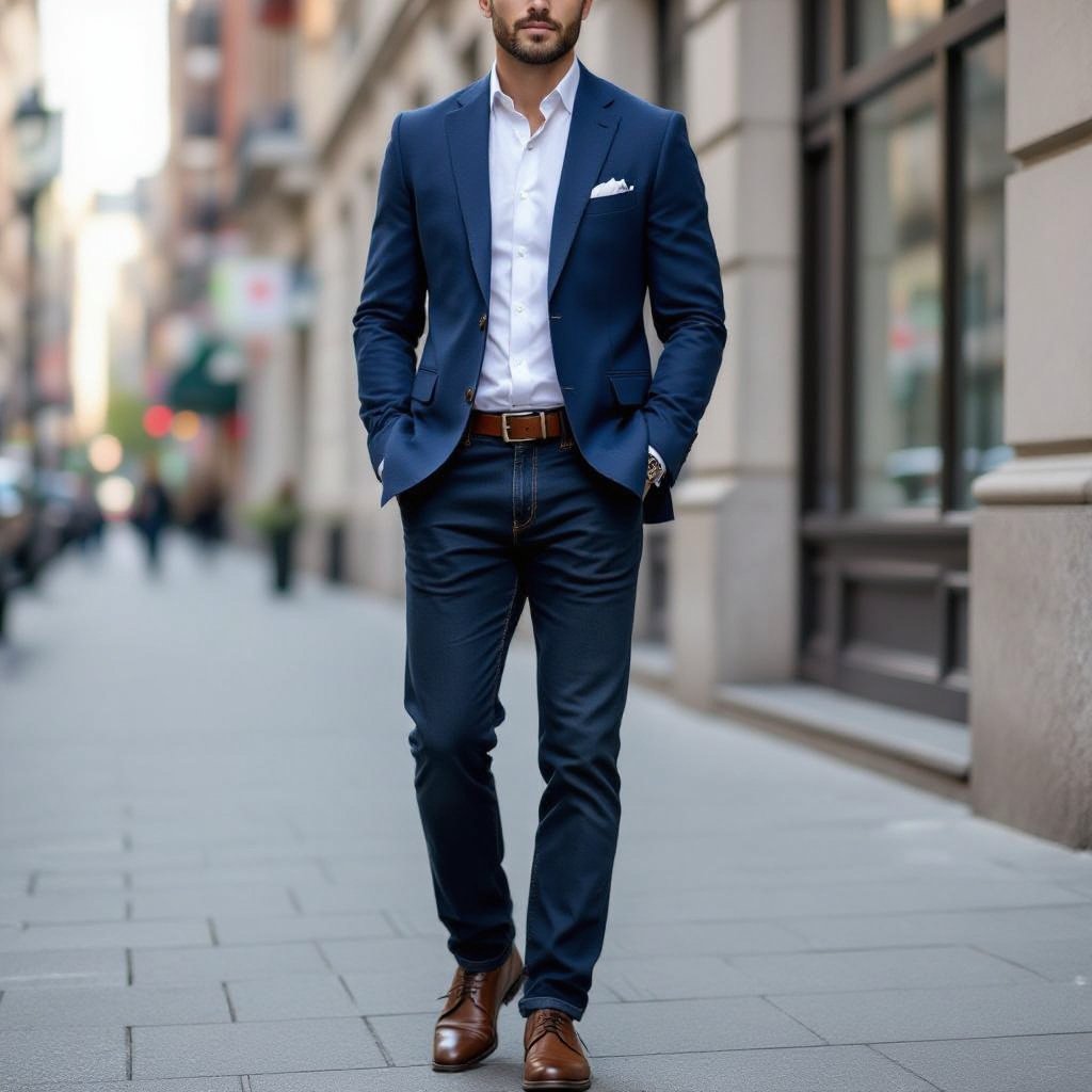 Blue plaser and jeans
Business fashion: Blue blazer, white cotton shirt, dark jeans, brown leather belt, brown leather shoes.