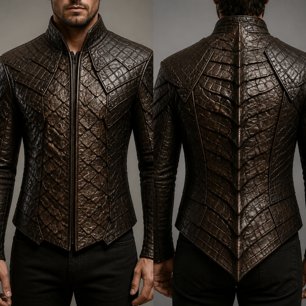 A Male fashion design. create a jacket that looks like an armor, make it with leather, using exotic leather such as Alligator fir the top parts and pirarucu for the inner parts, make the back asimilate a dragons spine, don't incluse random dragons heads claws nor wings. Design with modest coverage.
photorealistic fashion design, A Male fashion design. create a jacket that looks like an armor, make it with leather, using exotic leather such as Alligator fir the top parts and pirarucu for the inner parts, make the back asimilate a dragons spine, don't incluse random dragons heads claws nor wings. Design with modest coverage., just the design no text