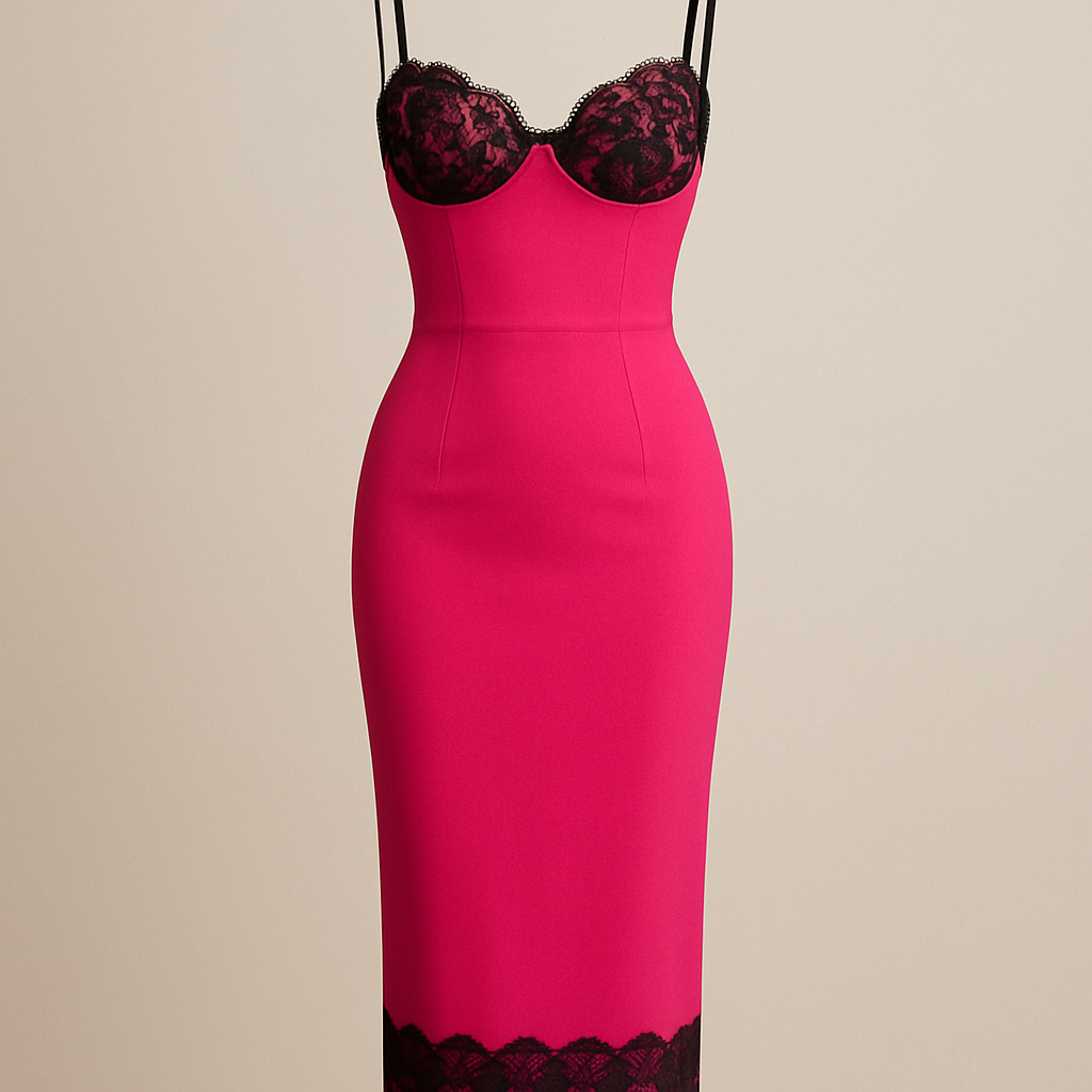 Hot pink midi dress
Black lace on cup details
Black lace trim
Fitted dress
Slightly less lace on cups
Hot pink midi dress
Black lace on cup details
Black lace trim
Fitted dress
Slightly less lace on cups