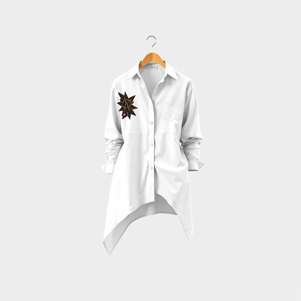Long sleeved Shirt ,Edgy shirt ,artsy ,cassual ,contemporer ,elegant , white ,unique,unique pattern,a symetris.
Design a long-sleeved casual shirt featuring an edgy, asymmetric silhouette in crisp white fabric. Incorporate unique, artsy patterns that blend contemporary elegance with a relaxed vibe. The shirt should effortlessly combine laid-back comfort with striking visual elements, making it perfect for urban outings or creative gatherings, exuding individuality in every detail.