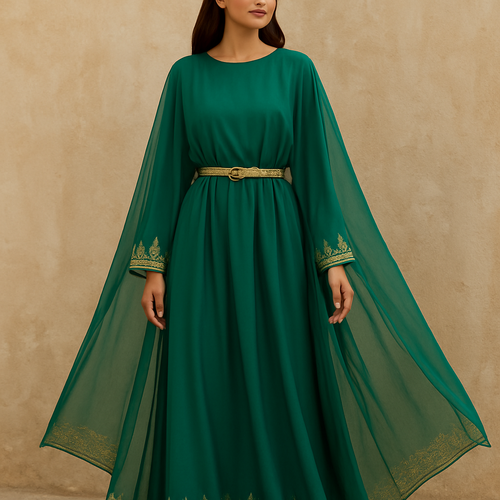 A flowing, elegant dress designed in deep emerald green, symbolizing the color of the Saudi flag. The fabric features subtle gold embroidery along the sleeves and hemline, reflecting traditional Saudi patterns. The waist is accentuated with a gold braided belt, adding a touch of heritage and sophistication. The dress includes a light, sheer green cape that drapes gracefully over the shoulders, giving it a regal and celebratory look.

Perfect for National Day events, cultural celebrations, or formal gatherings.