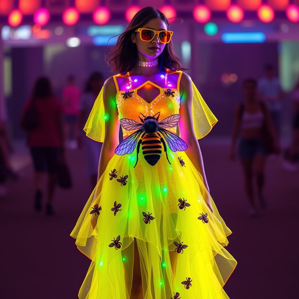 A honey bee & honey comb themed spring day dress.
Design a vibrant rave-inspired spring day dress featuring a striking honey bee and honeycomb theme. The dress should showcase neon yellow and gold hues, with iridescent honeycomb patterns and playful bee appliqués. Incorporate LED accents, bold cutouts, and layered sheer fabrics that flow and twirl with every movement, embodying an energetic festival spirit.