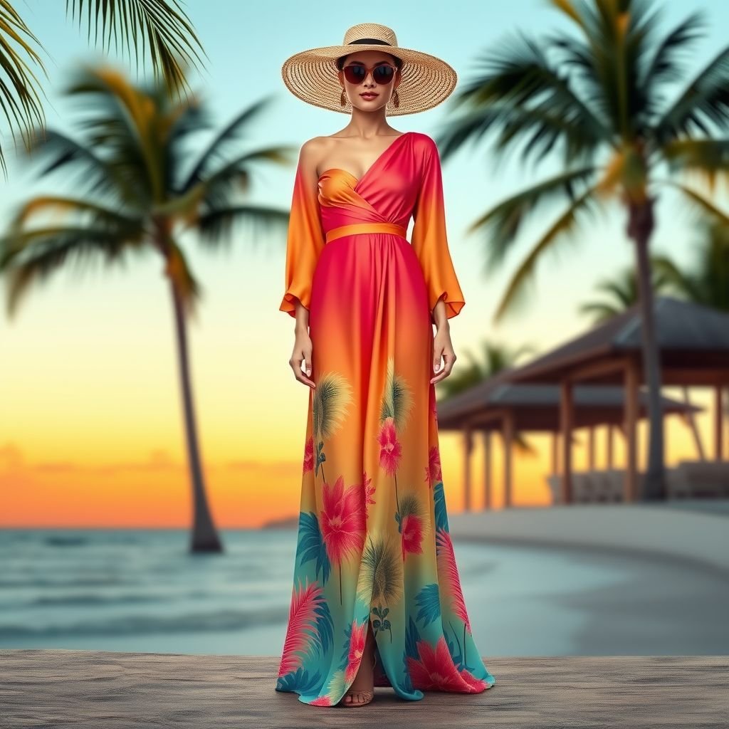 Prompt: A bold and elegant resort-style maxi dress inspired by BBX Brand and Hanifa, featuring vibrant statement colors or ombré tones, a dramatic silhouette with a cinched waist, and flowing floor-length skirt. The bodice should have an artistic cut-out or asymmetric neckline, with unique draping and structured details that accentuate curves. Fabric should be high-quality, slightly glossy satin or silk blend, moving fluidly with soft folds. The look should be fashion-forward, empowering, and glamorous, styled with minimal gold jewelry, photographed in a luxurious tropical or coastal setting during golden hour.
Design a striking resort-style maxi dress inspired by BBX Brand and Hanifa, showcasing vibrant ombré colors that evoke a sunset. Integrate a dramatic silhouette with a cinched waist and a cascading skirt patterned with abstract tropical motifs. The bodice should feature a sculptural asymmetric neckline, highlighted by intricate draping, enhancing elegance. Use a high-quality silk blend for an opulent sheen, allowing the fabric to flow effortlessly in coastal breezes. Add oversized, soft sleeves that flutter with movement, and pair the look with chic oversized sunglasses and a wide-brimmed straw hat, perfectly capturing the essence of luxury and relaxation.
