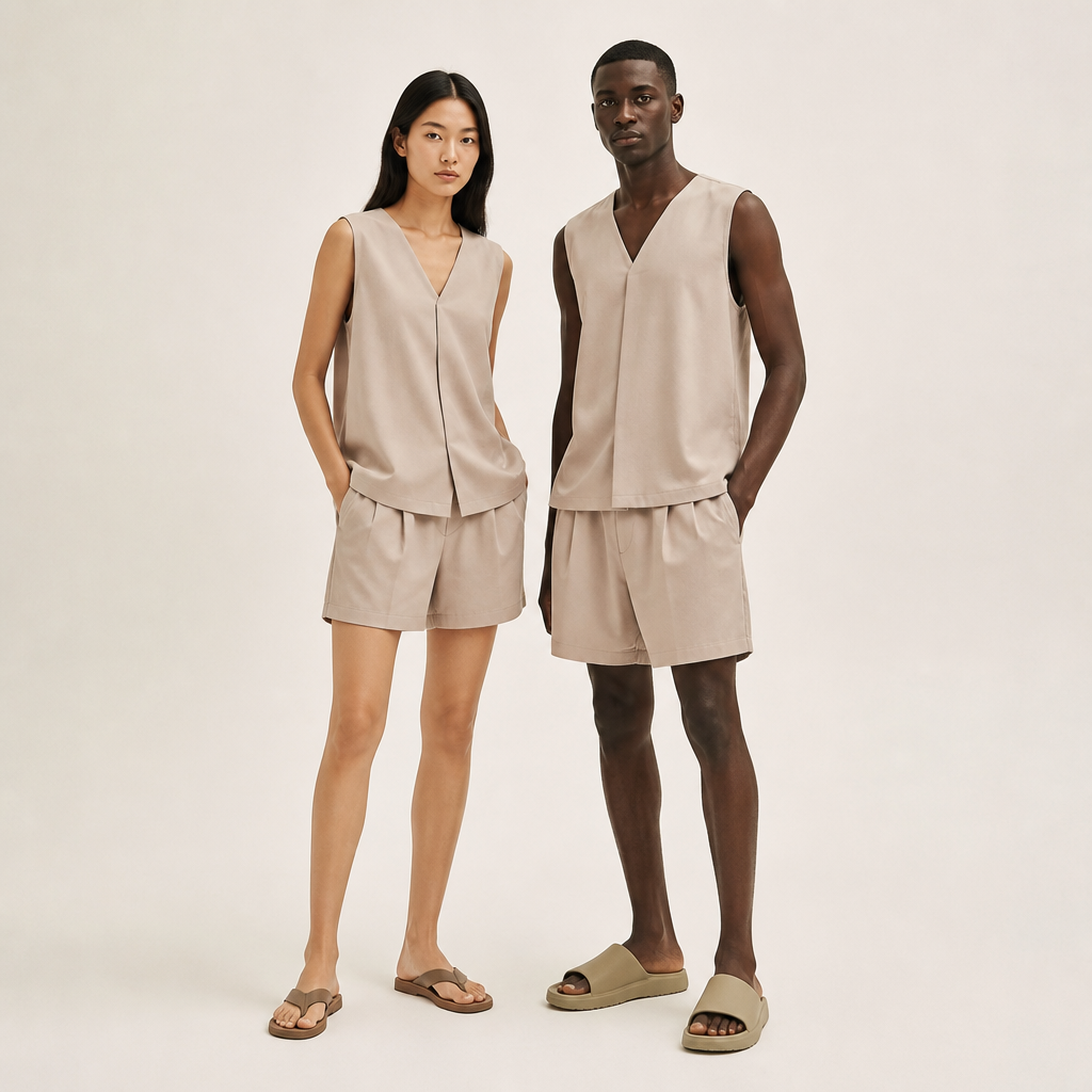 A Unisex Dress design, suitable for Summer. lounge set nude in color shorts and a vest. ZM fashion aesthetics. Present it as professional fashion catalogue photography: the garment is the subject, shown full-length with editorial styling, neutral posing and tasteful, non-suggestive framing.
photorealistic fashion design, A Unisex Dress design, suitable for Summer. lounge set nude in color shorts and a vest. ZM fashion aesthetics. Present it as professional fashion catalogue photography: the garment is the subject, shown full-length with editorial styling, neutral posing and tasteful, non-suggestive framing., just the design no text