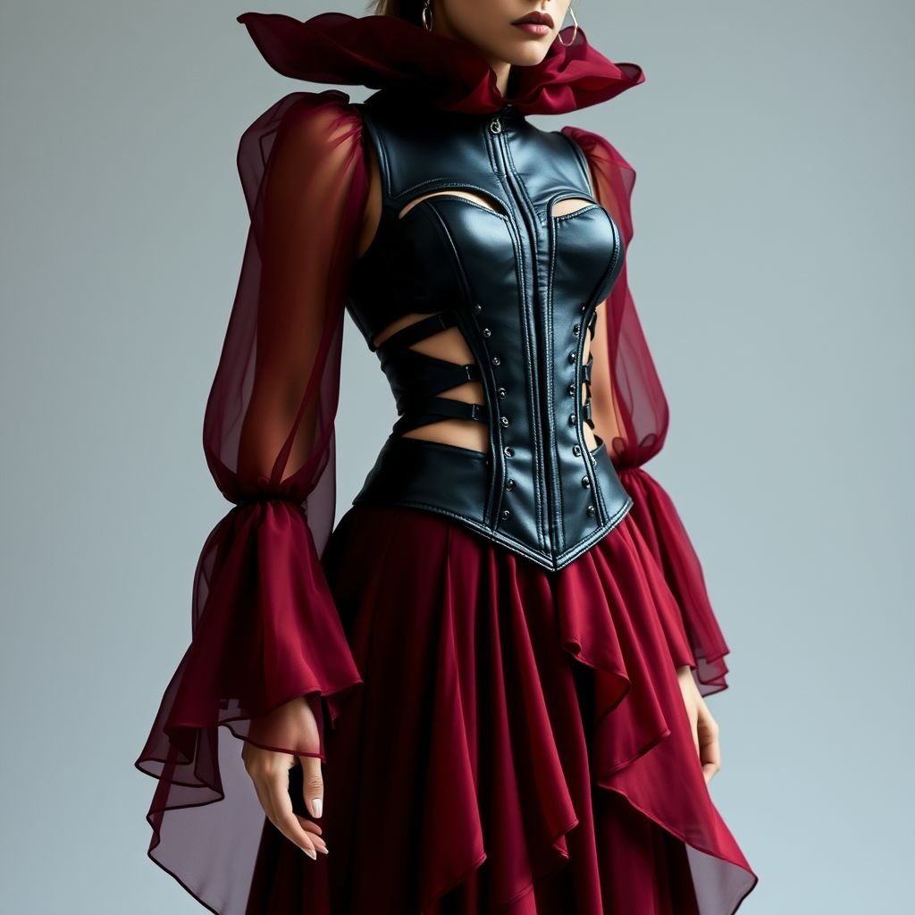 Merlot, black, white, leather, chiffon, high-low, victorian sleeves
Envision an avant-garde ensemble featuring a high-low merlot chiffon gown with dramatic Victorian sleeves. The bodice is an asymmetrical leather corset, juxtaposing black and white cutouts. Intricate layering and unexpected textures create a sculptural silhouette, merging elegance with boldness. Accessories are minimal yet striking, embodying the essence of modern fashion rebellion.