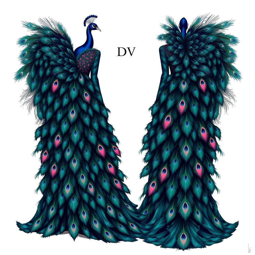 Create me a unique Peacock dress with a little pink in it.met gala dress. But I want it to be modest I want the arms and legs covered. and empowers a Met Gala look. Put “DV” on it somewhere
Design a luxurious, elegant peacock-inspired gown for the Met Gala, featuring a flowing silhouette adorned with iridescent feathers in deep emerald and azure hues, delicately infused with soft pink accents. Full-length sleeves and a floor-length skirt ensure modesty while exuding sophistication. Incorporate the initials "DV" as a subtle, refined detail.