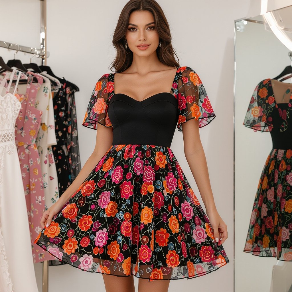 -Black sleeveless jersey Mini dress , sweetheart neckline with orange, black, pink and white ditsy floral mesh overlay dress. And short floaty mesh sleeves
Black jersey mini dress, sleeveless, with a sweetheart neckline. Overlaid with an orange, black, pink, and white ditsy floral mesh dress, featuring short, floaty mesh sleeves.