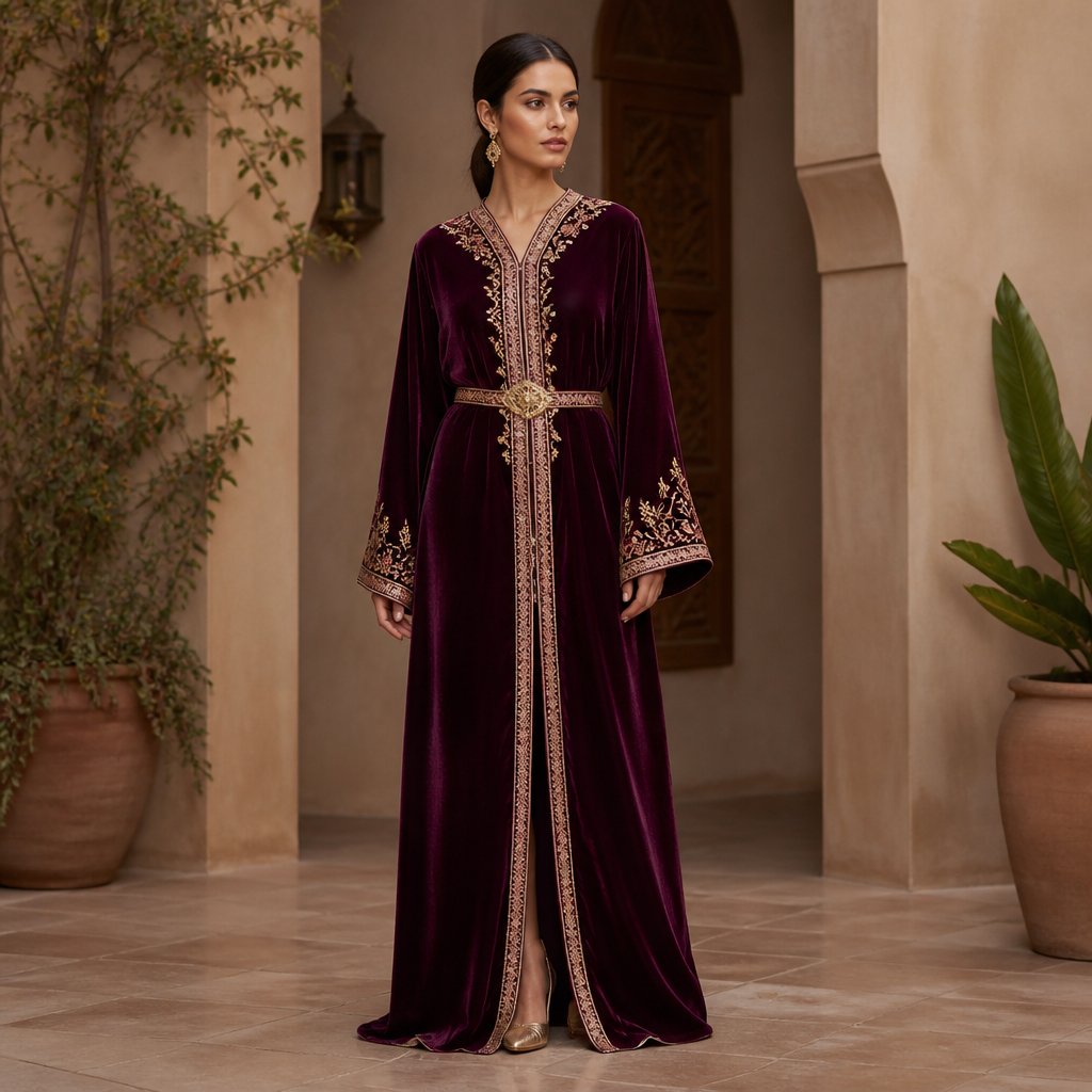 A Female fashion design. Consider Moroccan fashion — caftan, djellaba, intricate embroidery, jewel-toned fabrics. Current season is Autumn in Morocco. Present it as professional fashion catalogue photography: the garment is the subject, shown full-length with editorial styling, neutral posing and tasteful, non-suggestive framing.
photorealistic fashion design, A Female fashion design. Consider Moroccan fashion — caftan, djellaba, intricate embroidery, jewel-toned fabrics. Current season is Autumn in Morocco. Present it as professional fashion catalogue photography: the garment is the subject, shown full-length with editorial styling, neutral posing and tasteful, non-suggestive framing., just the design no text