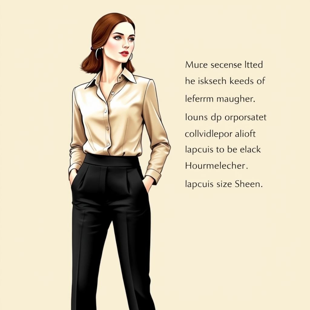 oberteil in Grösse 48 kaschiert den Bauch in beige und schwarze Hose
Design a sophisticated business ensemble featuring a flattering size 48 beige blouse with a tailored silhouette that elegantly conceals the midsection. Pair it with sleek, high-waisted black trousers, crafted from luxurious fabric for a polished look. Incorporate subtle accents like structured shoulders and a hint of sheen for a modern flair.