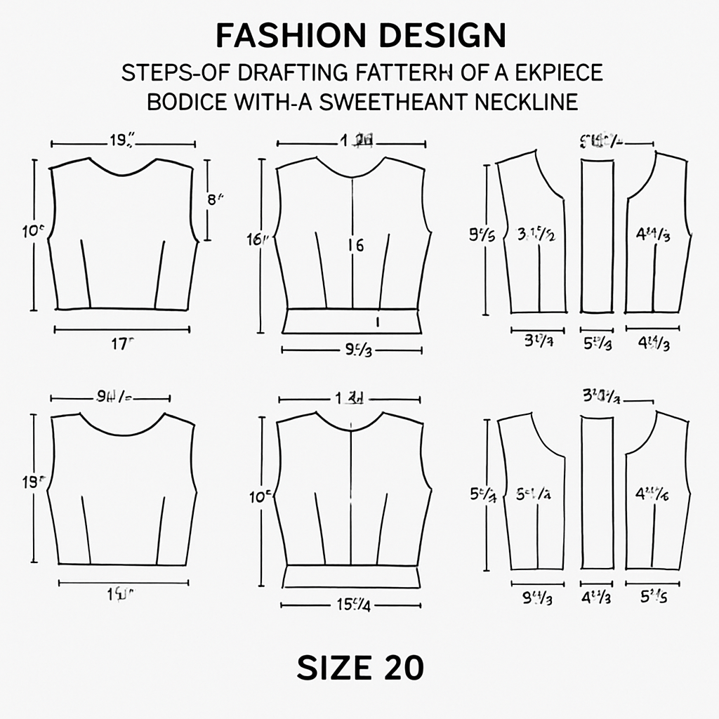 steps of drafting pattern of a six piece bodice with a sweet heart at the neck line, with measurements all around the blouse pattern of a size 20
steps of drafting pattern of a six piece bodice with a sweet heart at the neck line, with measurements all around the blouse pattern of a size 20