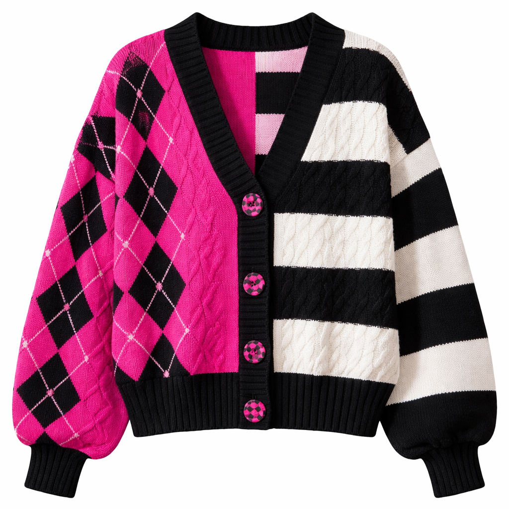 a cable knit cardigan with one side hot pink argyle and the other side broad black and white stripes. make the cardigan have black and hot pink checkered buttons. just the cardigan - no person wearing it
Eighties fashion design: Eighties cable knit cardigan: one side hot pink argyle, the other broad black and white stripes. Boxy fit. Black and hot pink checkered buttons.