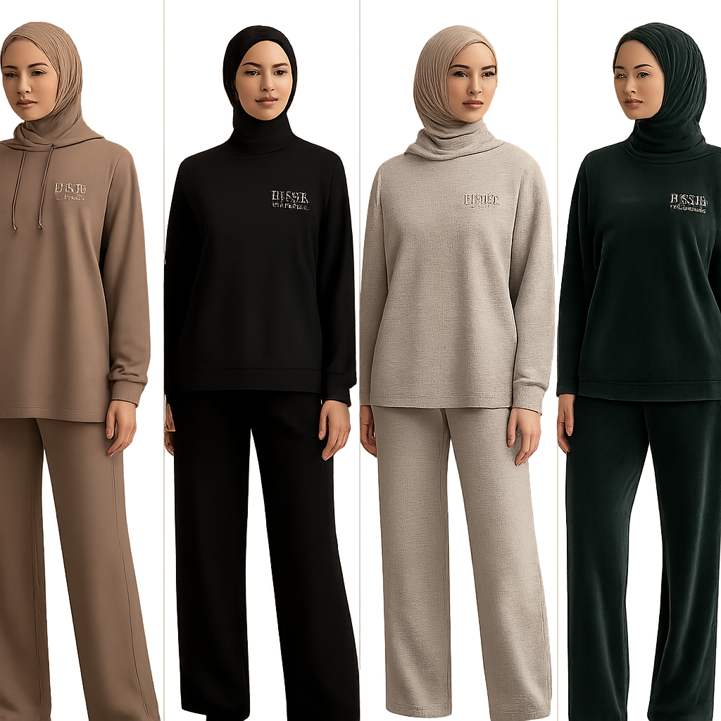 Create a revolutionary women's modest loose gym wear brand called "Modest Fleur". Display the brand name on the in a unique design on the upper right side, in small thick writing that exudes a classy and sophisticated vibe. I'd like four designs, each showcasing different styles and fabrics, with high-end, chic designs to make them truly special. Making it first design in the world
Create a revolutionary women's modest loose gym wear brand called "Modest Fleur". Display the brand name on the in a unique design on the upper right side, in small thick writing that exudes a classy and sophisticated vibe. I'd like four designs, each showcasing different styles and fabrics, with high-end, chic designs to make them truly special. Making it first design in the world