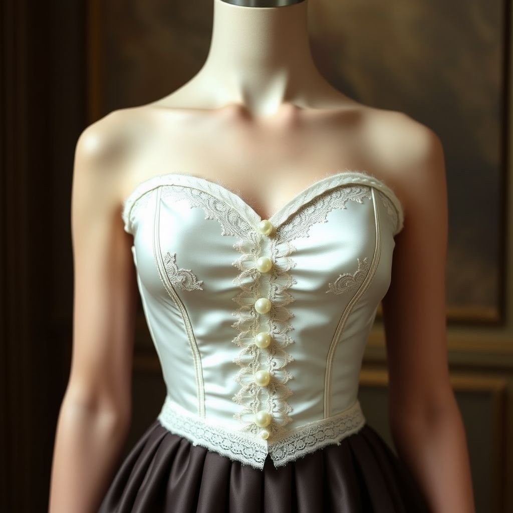 A strapless corset top
Design a classic strapless corset top, crafted from luxurious silk satin in a soft ivory hue. Embellish with delicate lace trims and hand-sewn pearl accents that evoke vintage elegance. Its structured bodice features a subtle hourglass silhouette, emphasizing sophistication. Pair with a flowing A-line skirt for a timeless, romantic ensemble.
