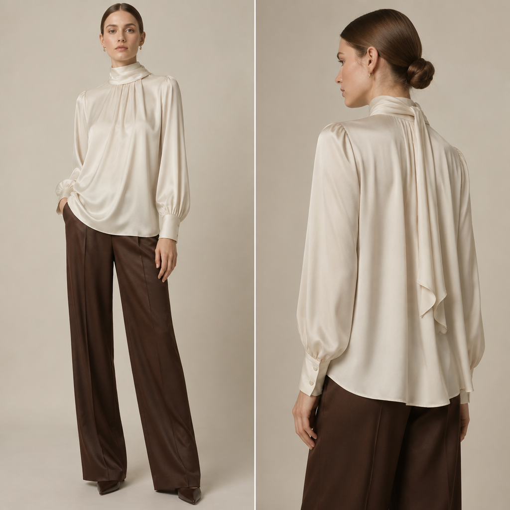 A Top design, made of Silk, with a light, flowing drape, with modest, full coverage: longer hemlines, higher necklines and covered shoulders, suitable for Fall, in Minimalist + Classic style. IQ fashion aesthetics. Present it as professional fashion catalogue photography: the garment is the subject, shown full-length with editorial styling, neutral posing and tasteful, non-suggestive framing.
photorealistic fashion design, A Top design, made of Silk, with a light, flowing drape, with modest, full coverage: longer hemlines, higher necklines and covered shoulders, suitable for Fall, in Minimalist + Classic style. IQ fashion aesthetics. Present it as professional fashion catalogue photography: the garment is the subject, shown full-length with editorial styling, neutral posing and tasteful, non-suggestive framing., minimalist style, just the design no text