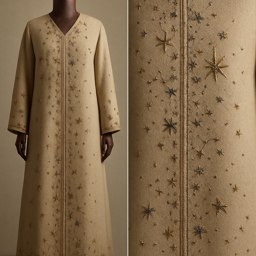 
ankle‑length sand‑beige abaya, no scarf, embroidery applied directly to the garment featuring scattered star and desert‑constellation motifs. Intricate hand‑stitched embroidery across the chest, down the center front panel, along the cuffs and hem; threads in matte bronze, antique gold, and deep midnight blue with tiny beadwork and subtle sequins that catch light. Straight silhouette with a gentle rear flare for fluid drape, lightweight cashmere‑wool blend fabric with realistic fine fibers visible in close‑ups. Displayed on a luxurious dark polished wooden mannequin, no visible joints, clamps, or stands. Soft directional natural studio lighting to accentuate embroidery metallic sheen, shallow depth of field, photorealistic, high resolution — include both full‑body and close‑up detail shots."

Negative prompts (copy these too):
"no scarf, no text, no logos, no hanger, no visible mannequin joints or stands, avoid unrealistic folds, no extra props, no watermarks."

Recommended settings:
- Aspect ratio: vertical 2:3 (e.g., 2048 × 3072 or higher)  
- Style: photorealistic / high detail  
- Guidance/CFG: 7–12  
- Steps: 20–40  
- Texture hint: "realistic cashmere‑wool texture, soft matte finish, visible fine fibers in macro shots"  
- Lighting hint: "soft directional natural studio light, highlight metallic threads and beadwork, shallow DOF"