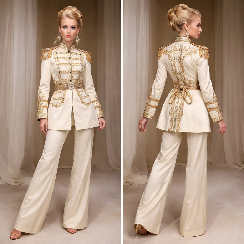 Arnold Scaasi evening pajamas 1966
Arnold Scaasi evening pajamas 1966
, military style, show front and back