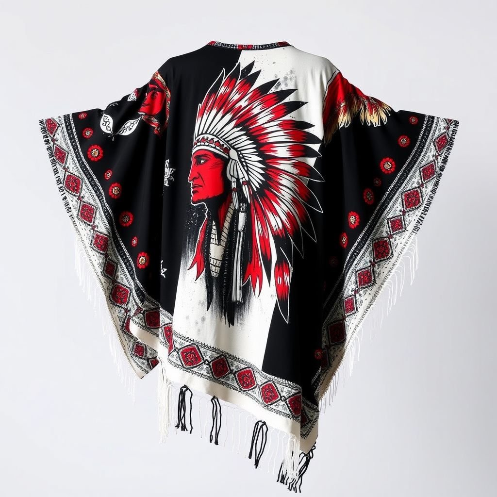 Patchwork boho unisex black and white summer poncho which is handpainted of an red indian man
Design a vibrant patchwork boho-inspired unisex poncho, blending black and white fabric with intricate hand-painted motifs of a red Indian man. The loose-fitting silhouette drapes down to mid-thigh, featuring fringed edges and oversized sleeves. Perfect for summer, it encapsulates free-spirited artistry, celebrating cultural heritage and contemporary style in every stitch.