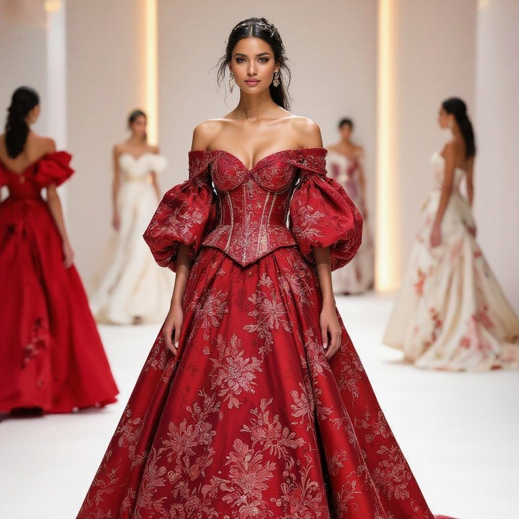 A brocade fabric ball gown with a snatched corseted waist with square neckline and bishop lair sleeves. The color of the fabric is red with beaded patterns
Red brocade ball gown with beaded patterns, a corseted waist, square neckline, and bishop sleeves.