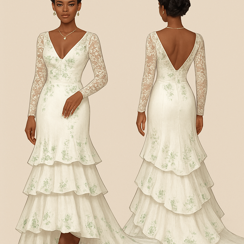 Black girl
Finger waves with small flowers in hair
Wedding dress
V cut at breast
Long dress
Long train
Lace sleeves
Ruffles going down the dress
Green flower designs
Diamond ring on finger
Diamond heart necklace
Green eyeshadow
Clear lipgloss
Diamond earrings
Diamond bracelet
White heels with green pearls
French tip nails with pearls
Black girl
Finger waves with small flowers in hair
Wedding dress
V cut at breast
Long dress
Long train
Lace sleeves
Ruffles going down the dress
Green flower designs
Diamond ring on finger
Diamond heart necklace
Green eyeshadow
Clear lipgloss
Diamond earrings
Diamond bracelet
White heels with green pearls
French tip nails with pearls
, show front and back