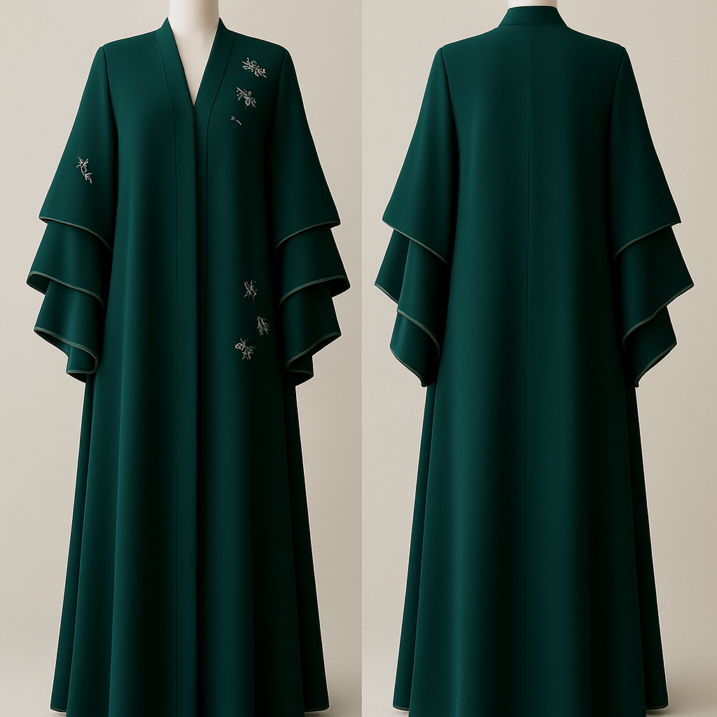 The Luxury Double-Sleeve Abaya
Tone: Deep Emerald Design: Layered double-sleeve with stone outlines and a few floral appliqués. Why it will sell: Double-sleeve designs trend every year sophisticated and instantly attractive.


The Luxury Double-Sleeve Abaya
Tone: Deep Emerald Design: Layered double-sleeve with stone outlines and a few floral appliqués. Why it will sell: Double-sleeve designs trend every year sophisticated and instantly attractive.
, show front and back