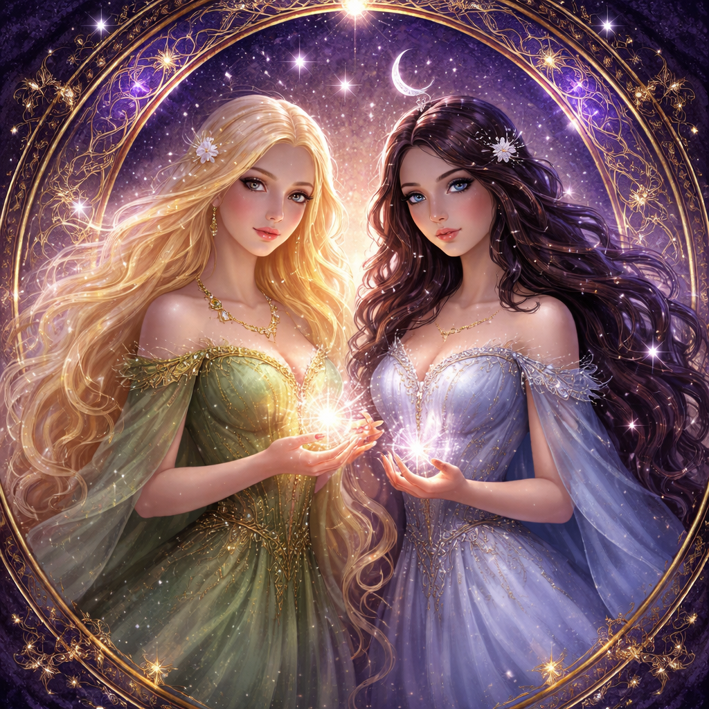 Symbol with two women. Goddesses. Purple and stars. Ethereal. One girl with blonde hair one girl with dark brown hair. Dark hair girl blue eyes and light blue dress. Blonde hair girl dark brown eyes and earthy green dress. Blonde hair girl very luminous blonde hair.
Symbol with two women. Goddesses. Purple and stars. Ethereal. One girl with blonde hair one girl with dark brown hair. Dark hair girl blue eyes and light blue dress. Blonde hair girl dark brown eyes and earthy green dress. Blonde hair girl very luminous blonde hair.