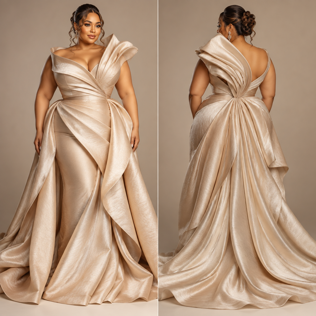 Design an extraordinary haute couture birthday outfit for a Black woman, size 18, with a fuller bust, soft tummy, beautiful curves, and light-brown/light skin. The design must be created specifically for her body—not a scaled-up version of a standard dress.
I want something genuinely unexpected and instantly recognizable. No off-shoulder neckline, no mermaid gown, no basic fitted dress, no traditional A-line gown, no thigh-high slit, no fringe, no giant flowers, no bows, and no predictable skirt-and-top combination.
Create a completely original silhouette using sophisticated architectural draping, sculptural tailoring, strategic structure, and unexpected proportions. The design should beautifully frame and support a fuller bust, create an elegant waistline without squeezing the tummy, and flow naturally over her curves. Do not try to make her look smaller; celebrate her shape.
Think world-class haute couture runway meets glamorous birthday celebration. Use an unusual construction—something with a dramatic sculptural neckline, an asymmetric architectural element, dimensional fabric manipulation, or an innovative overskirt/cape/panel that becomes part of the silhouette. The outfit should have movement when she walks and look spectacular from both the front and back.
Make it sexy, regal, youthful, sophisticated and extremely luxurious. It should be the kind of birthday look that makes people stop, stare and immediately want to know who designed it. Avoid anything that looks like a typical celebrity gown. I want a fashion moment that has never been seen before.”
photorealistic fashion design, Design an extraordinary haute couture birthday outfit for a Black woman, size 18, with a fuller bust, soft tummy, beautiful curves, and light-brown/light skin. The design must be created specifically for her body—not a scaled-up version of a standard dress.
I want something genuinely unexpected and instantly recognizable. No off-shoulder neckline, no mermaid gown, no basic fitted dress, no traditional A-line gown, no thigh-high slit, no fringe, no giant flowers, no bows, and no predictable skirt-and-top combination.
Create a completely original silhouette using sophisticated architectural draping, sculptural tailoring, strategic structure, and unexpected proportions. The design should beautifully frame and support a fuller bust, create an elegant waistline without squeezing the tummy, and flow naturally over her curves. Do not try to make her look smaller; celebrate her shape.
Think world-class haute couture runway meets glamorous birthday celebration. Use an unusual construction—something with a dramatic sculptural neckline, an asymmetric architectural element, dimensional fabric manipulation, or an innovative overskirt/cape/panel that becomes part of the silhouette. The outfit should have movement when she walks and look spectacular from both the front and back.
Make it sexy, regal, youthful, sophisticated and extremely luxurious. It should be the kind of birthday look that makes people stop, stare and immediately want to know who designed it. Avoid anything that looks like a typical celebrity gown. I want a fashion moment that has never been seen before.”, haute_couture style, just the design no text, show front and back