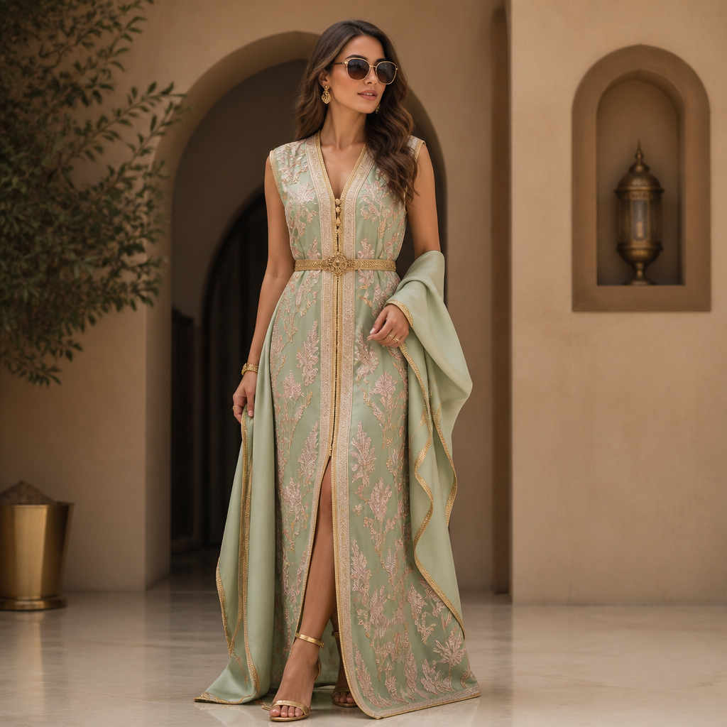 A Skirt design. Merci de transformer la tenue de la femme en caftan marocain en y ajoutant de la sfifa et des boutons d'el aakad sans manches, inspiré des modèles de caftans marocains récents tendance 2026. Col V moderne et merci de supprimer les écritures et symboles sur l'image. Merci de conserver la coiffure originale du mannequin décrite sur la première photo. Merci de faire une ouverture au niveau du décolleté. Merci de faire une fente juste au niveau des genoux. Les sandals talons sont conservés. Merci de lui porter une mdama moderne en tissu .Le tissu de sa tenue originale décrite sur la première photo, ainsi que sa couleur, ses motifs et ses accessoires sont conservés. Merci de compléter l'image en montrant la silhouette de la jeune femme en entier de la tête aux pieds. Et merci de changer l'arrière-plan. Merci de changer de pose par rapport à la pose initiale. Merci de remplacer la tête et le visage de la femme decrite sur la première photo par la tête et le visage de la femme decrite sur la deuxième photo. Merci de changer la couleur de ses cheveux en utilisant une couleur brune dégradée. Merci de lui porter des lunettes de soleil tendance avec des verres de couleur foncée et une monture en couleur argentée. Ses sandals talons sont de couleur dorées. Le tissu du caftan n'est pas transparent. Merci de supprimer les écritures et symboles sur l'image. La broderie marocaine .merci de changer de pose par rapport à la pose initiale décrite sur la première.La taille du caftan est large, le caftan ne doit pas être serré sur le corps de la femme. Morocco fashion aesthetics.
photorealistic fashion design, A Skirt design. Merci de transformer la tenue de la femme en caftan marocain en y ajoutant de la sfifa et des boutons d'el aakad sans manches, inspiré des modèles de caftans marocains récents tendance 2026. Col V moderne et merci de supprimer les écritures et symboles sur l'image. Merci de conserver la coiffure originale du mannequin décrite sur la première photo. Merci de faire une ouverture au niveau du décolleté. Merci de faire une fente juste au niveau des genoux. Les sandals talons sont conservés. Merci de lui porter une mdama moderne en tissu .Le tissu de sa tenue originale décrite sur la première photo, ainsi que sa couleur, ses motifs et ses accessoires sont conservés. Merci de compléter l'image en montrant la silhouette de la jeune femme en entier de la tête aux pieds. Et merci de changer l'arrière-plan. Merci de changer de pose par rapport à la pose initiale. Merci de remplacer la tête et le visage de la femme decrite sur la première photo par la tête et le visage de la femme decrite sur la deuxième photo. Merci de changer la couleur de ses cheveux en utilisant une couleur brune dégradée. Merci de lui porter des lunettes de soleil tendance avec des verres de couleur foncée et une monture en couleur argentée. Ses sandals talons sont de couleur dorées. Le tissu du caftan n'est pas transparent. Merci de supprimer les écritures et symboles sur l'image. La broderie marocaine .merci de changer de pose par rapport à la pose initiale décrite sur la première.La taille du caftan est large, le caftan ne doit pas être serré sur le corps de la femme. Morocco fashion aesthetics., just the design no text
