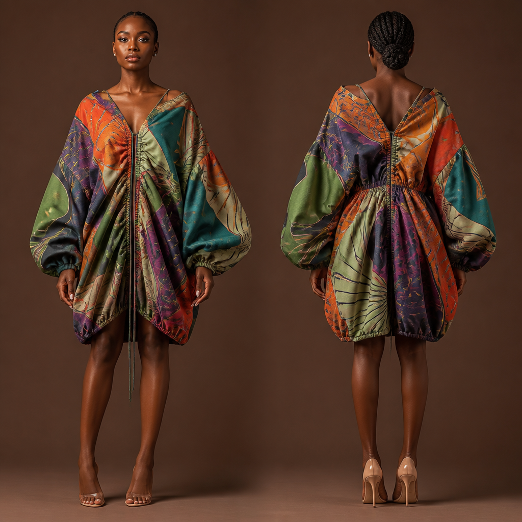 photorealistic fashion design, photorealistic fashion design, A Female fashion design. a baggage dress with a line in the middle straps in it which can be pulled to minimize the middle part but they left and right side mean tall with a long baggy sleeves. Ghana fashion aesthetics., just the design no text, show front and back. Refinement: reduce the length a little and the baggy-ness a little , just the design no text. Refinement: make it baggy a pull the rope in the middle a little also make it colourful
photorealistic fashion design, photorealistic fashion design, photorealistic fashion design, A Female fashion design. a baggage dress with a line in the middle straps in it which can be pulled to minimize the middle part but they left and right side mean tall with a long baggy sleeves. Ghana fashion aesthetics., just the design no text, show front and back. Refinement: reduce the length a little and the baggy-ness a little , just the design no text. Refinement: make it baggy a pull the rope in the middle a little also make it colourful , just the design no text