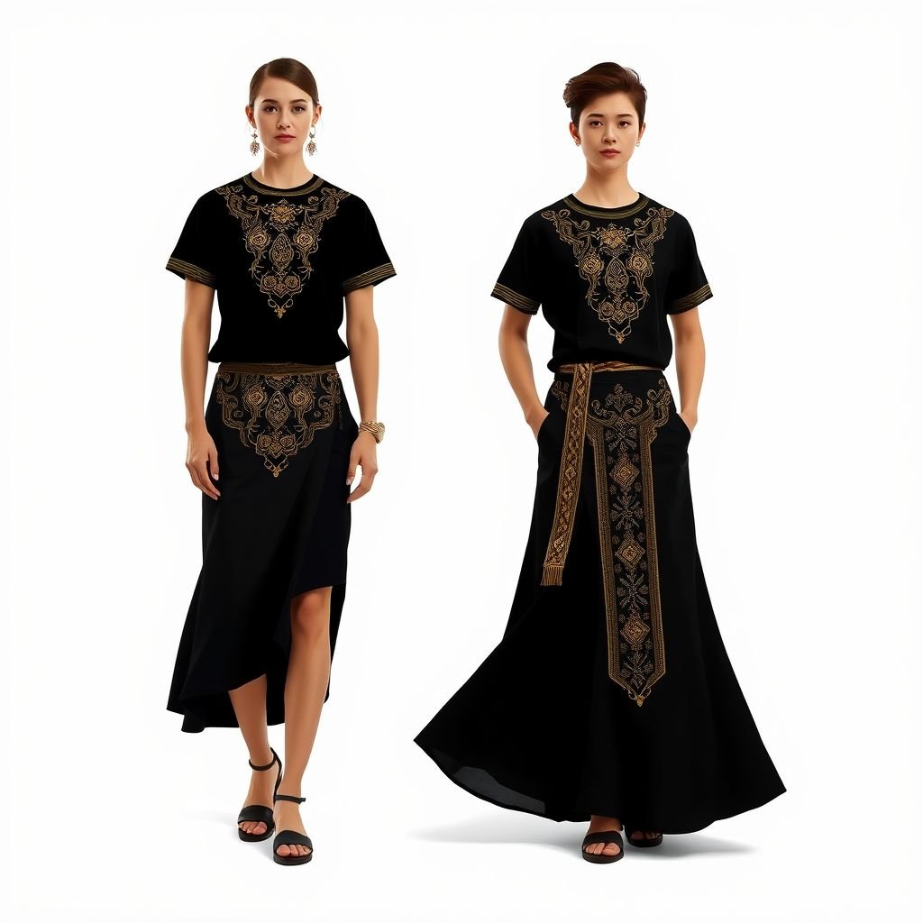 Kazakh ethnic fashion set for couple: black t-shirt and skirt for woman, black t-shirt and shorts for man, with national ornaments, minimalistic and stylish
Create a contemporary Kazakh ethnic fashion set for a couple, featuring a sleek black t-shirt adorned with intricate national ornaments in gold thread, paired with a flowing black maxi skirt for her and tailored black shorts for him. Emphasize minimalistic lines and stylish silhouettes, blending tradition with modern simplicity for a harmonious look.