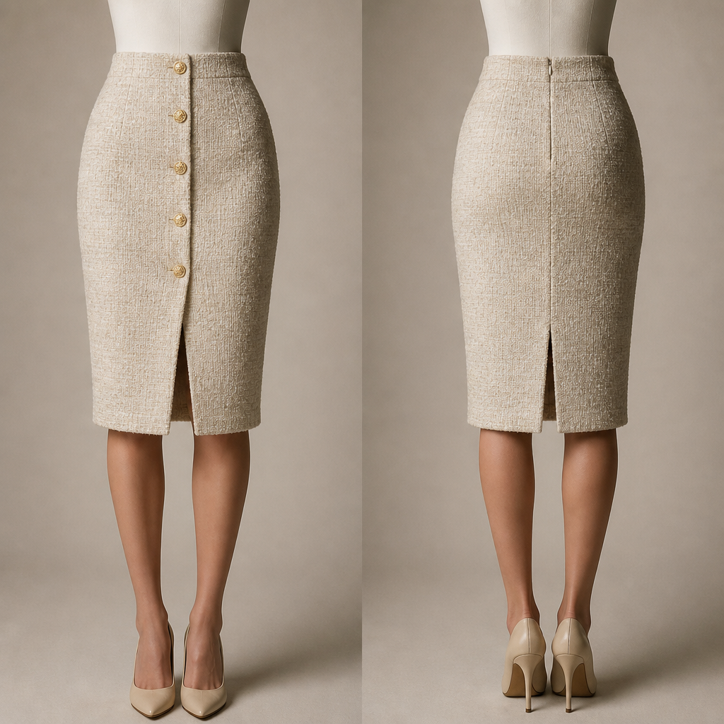 Pencil skirt, 90s Chanel style, tweed texture, knee-length, straight silhouette, high waist, gold button trim, slit at back or front, classic elegant, tailored fit, neutral beige or black color, minimalist luxury, 90s supermodel aesthetic, front and back view
photorealistic fashion design, Pencil skirt, 90s Chanel style, tweed texture, knee-length, straight silhouette, high waist, gold button trim, slit at back or front, classic elegant, tailored fit, neutral beige or black color, minimalist luxury, 90s supermodel aesthetic, front and back view
, nineties style, just the design no text, show front and back