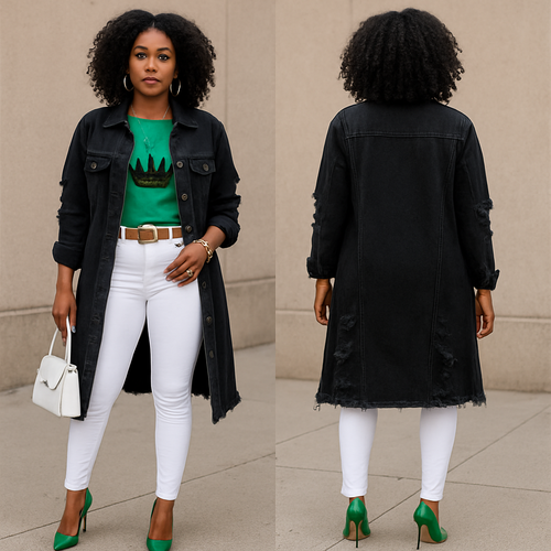 Black woman 
Green shirt with 👑on it in black 
Long black ripped jean jacket 
Tight white pants gold belt 
Gold bracelet 
Green earrings 
Green heels white purse 
Gold necklace with cross 
