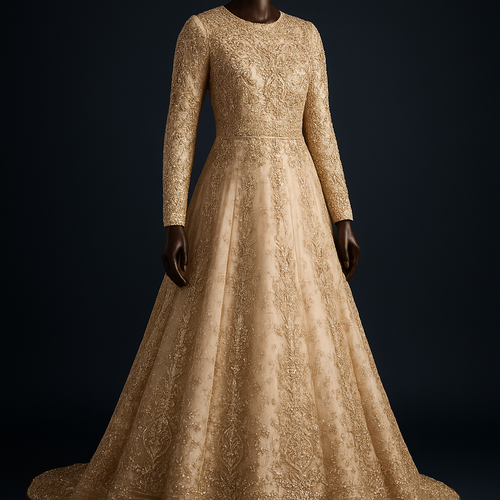 
Photography instructions — full-length to ankle (for catalog/site)
- Framing & composition: vertical (portrait) crop from head to ankle, leave ~5–10% head margin and ~5–10% bottom margin to show the train. Center the mannequin with slight room on one side to suggest movement.  
- Mannequin & set: polished dark-wood wooden mannequin with slightly relaxed arms to display sleeve shape; simple metal base (copper/soft gold finish). Background: solid dark navy or warm ivory depending on contrast needed.  
- Lighting: soft key light at 30–45° + subtle fill light opposite; weak backlight to separate the mannequin from the background and highlight beadwork; use a diffuser to avoid hot spots on embellishments.  
- Lens & camera settings: 50–85 mm equivalent, aperture f/4–f/5.6 for sufficient sharpness and slight background separation; low ISO (100–400); shoot RAW for detail retention; white balance 3200–4000K adjusted to scene.  
- Extra shots to capture: close-up macro of Kundan/pearl embroidery (85–100mm or macro lens), and a rear view showing finishing and hem.  
- On-image text: place the short title on a small translucent strip at the bottom so it doesn’t cover embellishment.