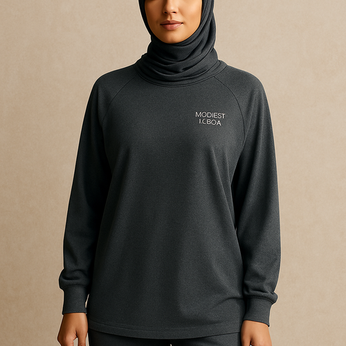 Create a revolutionary women's modest loose gym wear brand called "Modest Fleur". Display the brand name on the in a unique design on the upper right side, in small thick writing that exudes a classy and sophisticated vibe. I'd like four designs, each showcasing different styles and fabrics, with high-end, chic designs to make them truly special. Making it first design in the world 