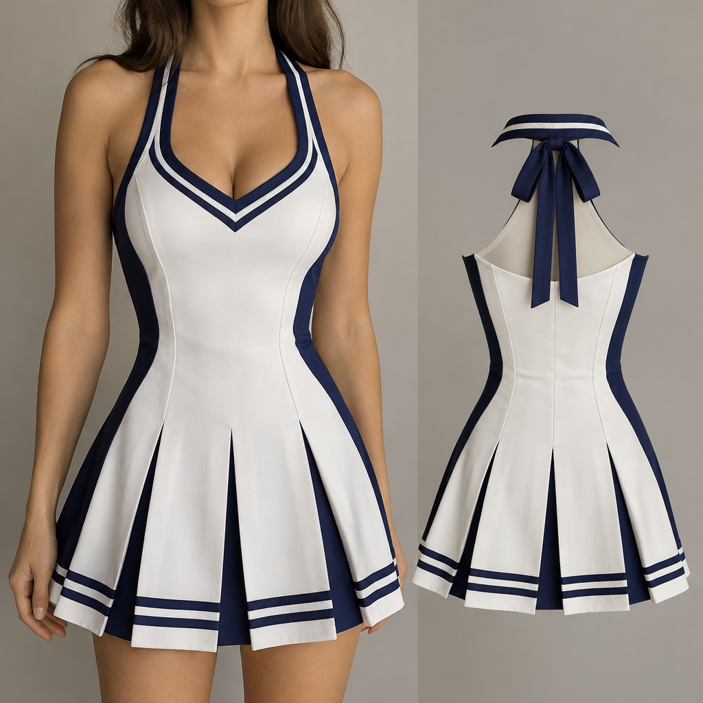 I I want a cheerleader inspired dress, blue and white preppy and elegant
photorealistic fashion design, I I want a cheerleader inspired dress, blue and white preppy and elegant, preppy style, just the design no text