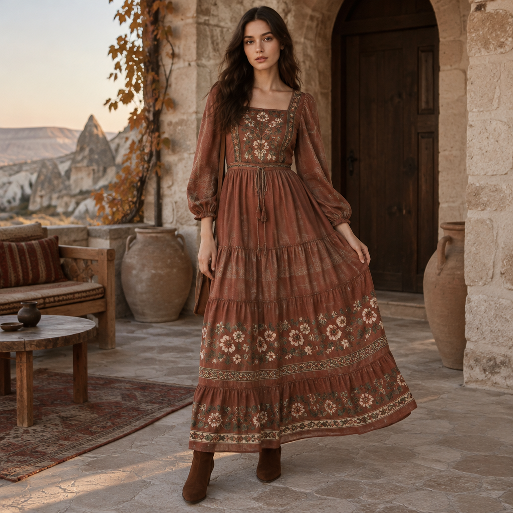 A Female Dress design, suitable for Fall, in Cottagecore style. Turkey fashion aesthetics. Present it as professional fashion catalogue photography: the garment is the subject, shown full-length with editorial styling, neutral posing and tasteful, non-suggestive framing.
photorealistic fashion design, A Female Dress design, suitable for Fall, in Cottagecore style. Turkey fashion aesthetics. Present it as professional fashion catalogue photography: the garment is the subject, shown full-length with editorial styling, neutral posing and tasteful, non-suggestive framing., cottagecore style, just the design no text