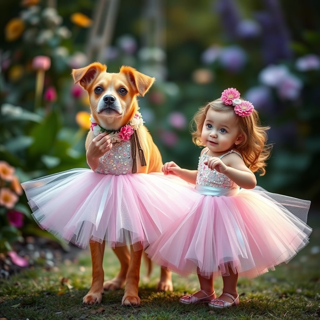 Dog in a tutu with her sister in a tutu
"Envision a whimsical fashion line where a spirited dog and her little sister don enchanting, matching tutus made of iridescent tulle, adorned with sparkling sequins. The dog sports a floral collar and playful ear bows, while the sister rocks a vibrant headband, both twirling in a dreamy garden setting."