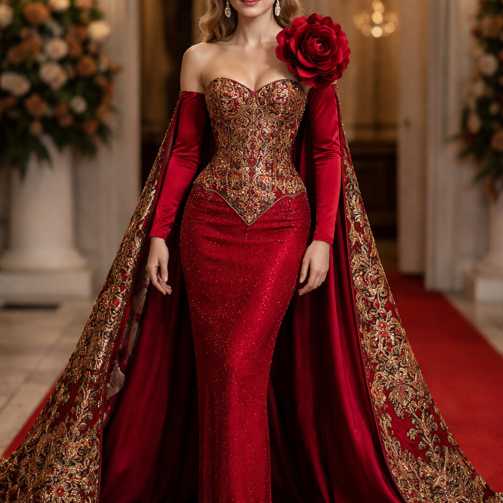 A beautiful red carpet vibe dress, with long sleeves, and a big flower on one of the shoulders, the corset should have a traditional pattern, the bottom should be a straight pencil like flow with bearings and it should have a cape with the same traditional pattern as the corset
A beautiful red carpet vibe dress, with long sleeves, and a big flower on one of the shoulders, the corset should have a traditional pattern, the bottom should be a straight pencil like flow with bearings and it should have a cape with the same traditional pattern as the corset , elegant style